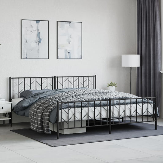 Black metal bed frame with geometric headboard and footboard