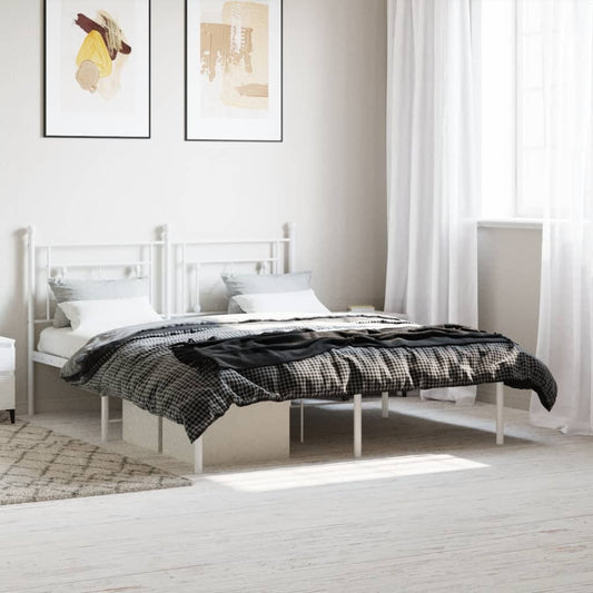 White metal twin bed frame with ornate headboard and footboard featuring a modern minimalist design