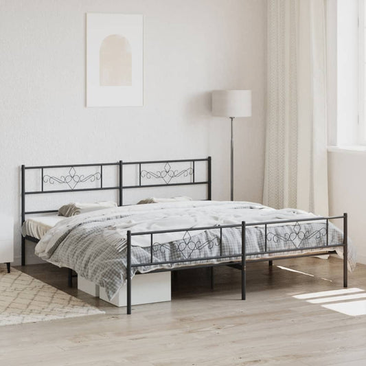 Black metal queen bed frame with ornate headboard and patterned bedding