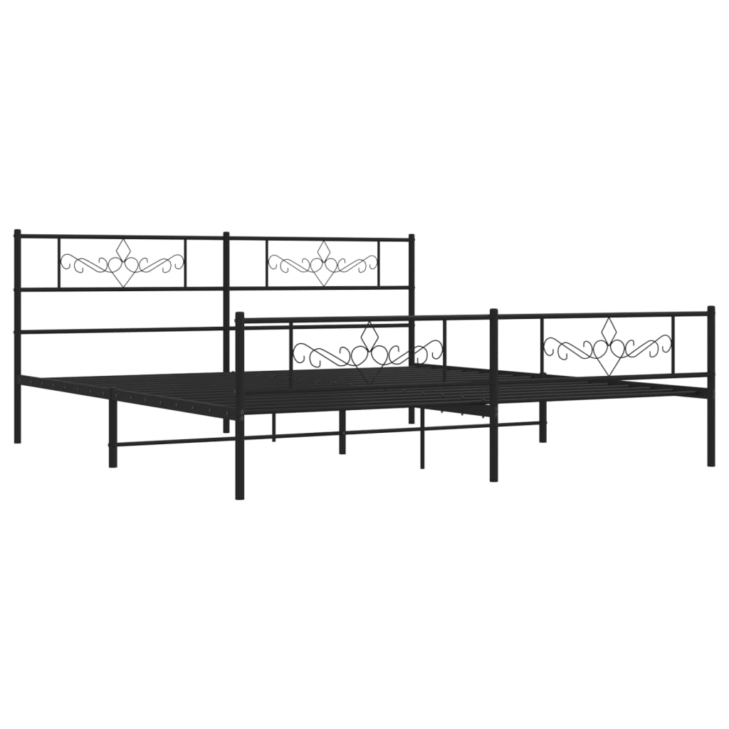 Black metal bed frame with ornate scrollwork on the headboard and footboard