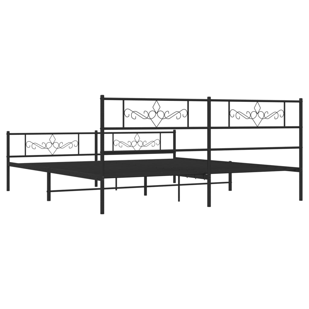 Black metal bed frame with ornate headboard and footboard design
