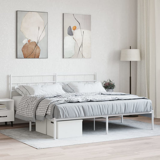 White metal platform bed frame with white headboard and builtin storage drawers