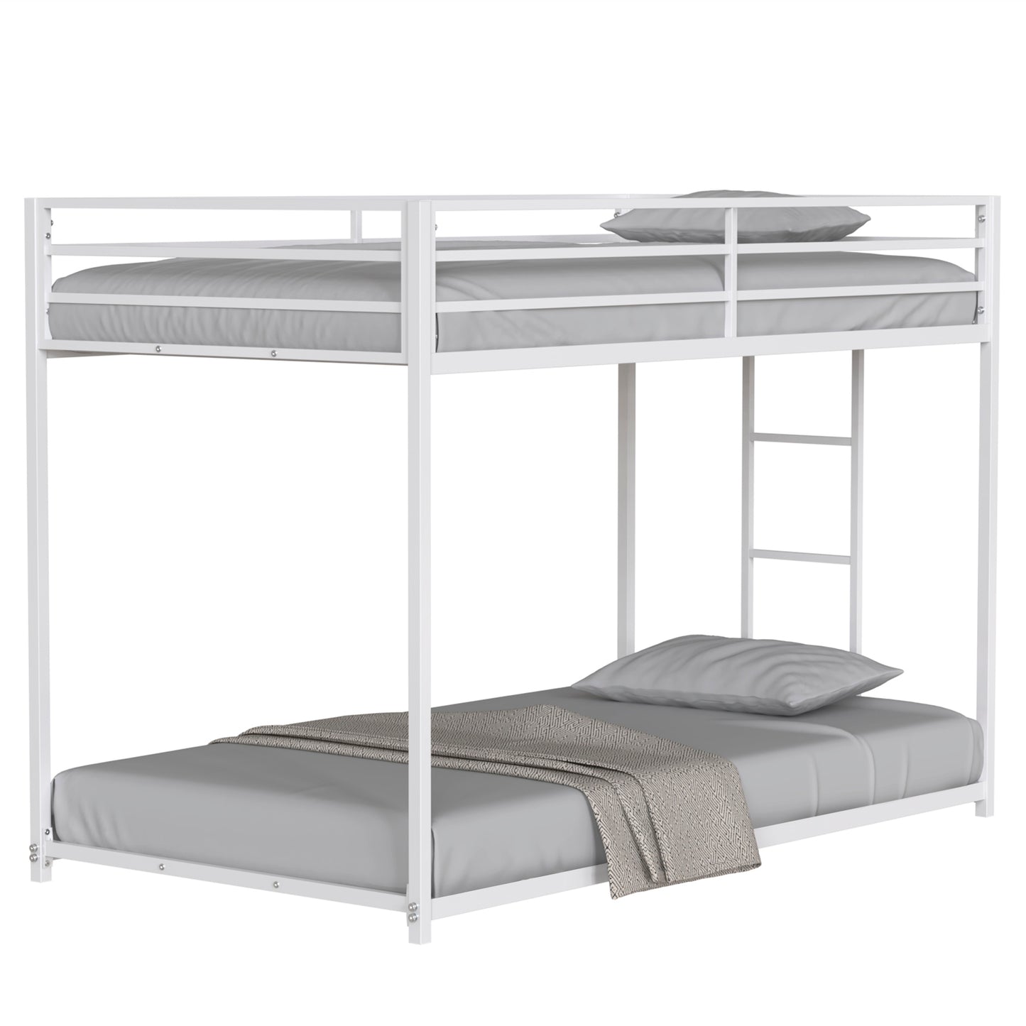 White metal twin over twin bunk bed with grey bedding and pillows