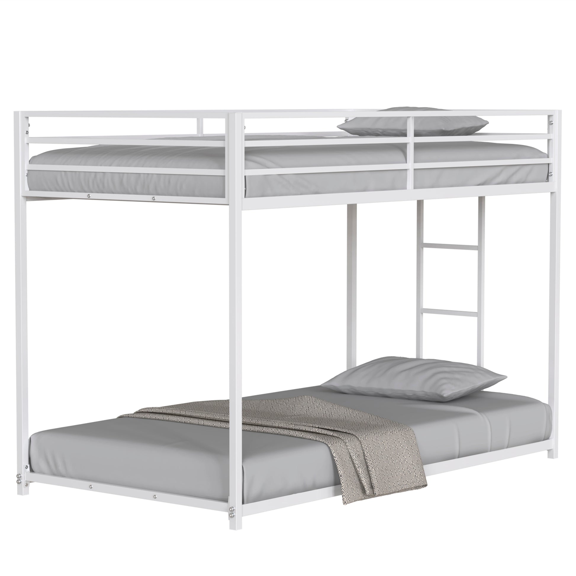 White metal twin over twin bunk bed with grey bedding and pillows