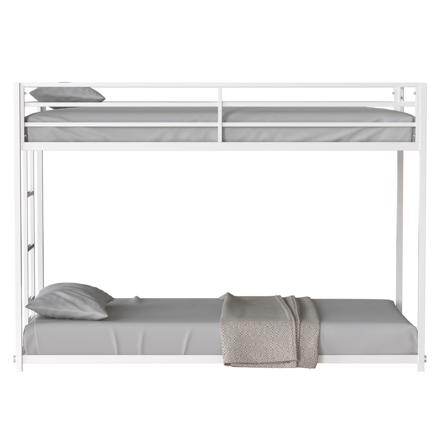 White metal bunk bed with grey bedding