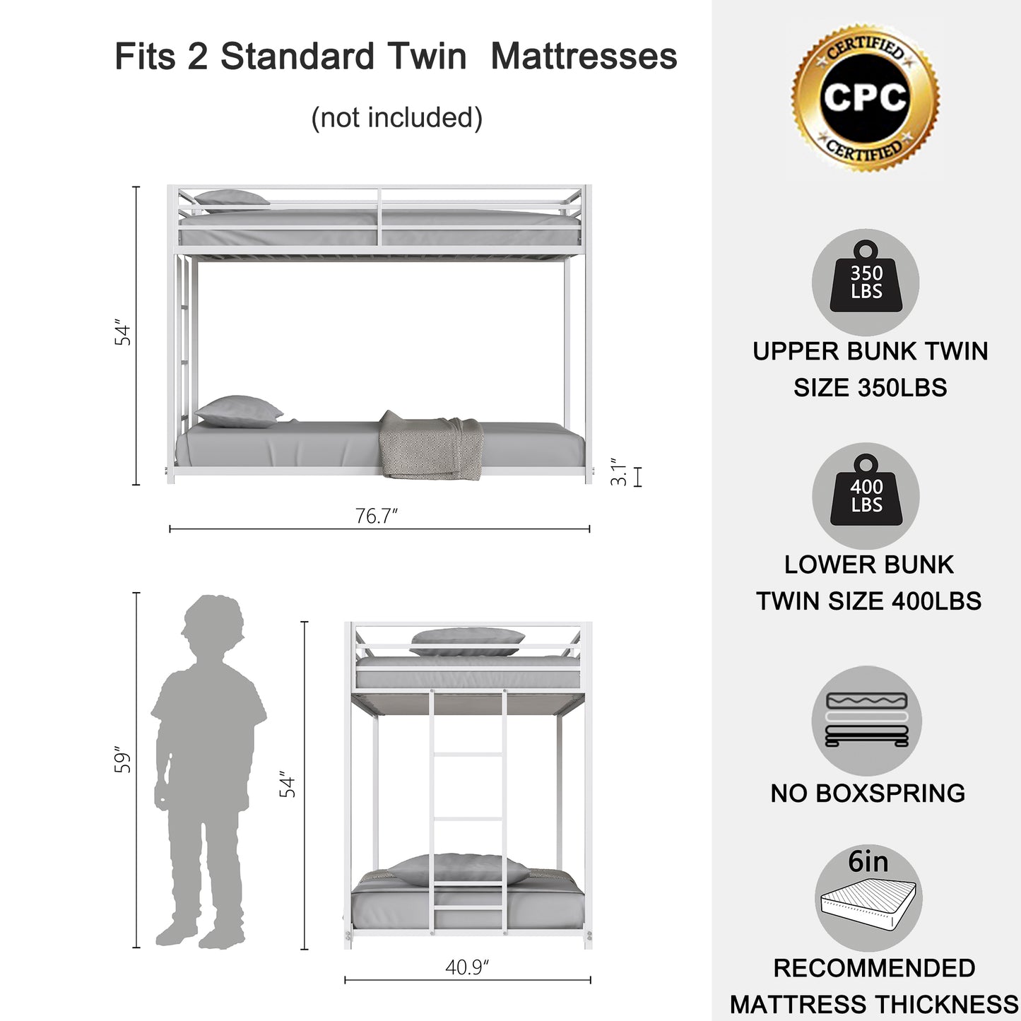 White metal bunk bed with twin mattresses ideal for childrens rooms