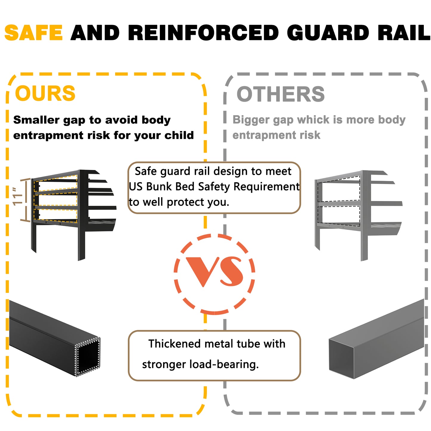Black metal bed guard rail with  height for child safety