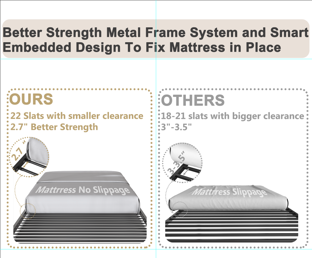 Metal bed frame with  slats for better mattress strength