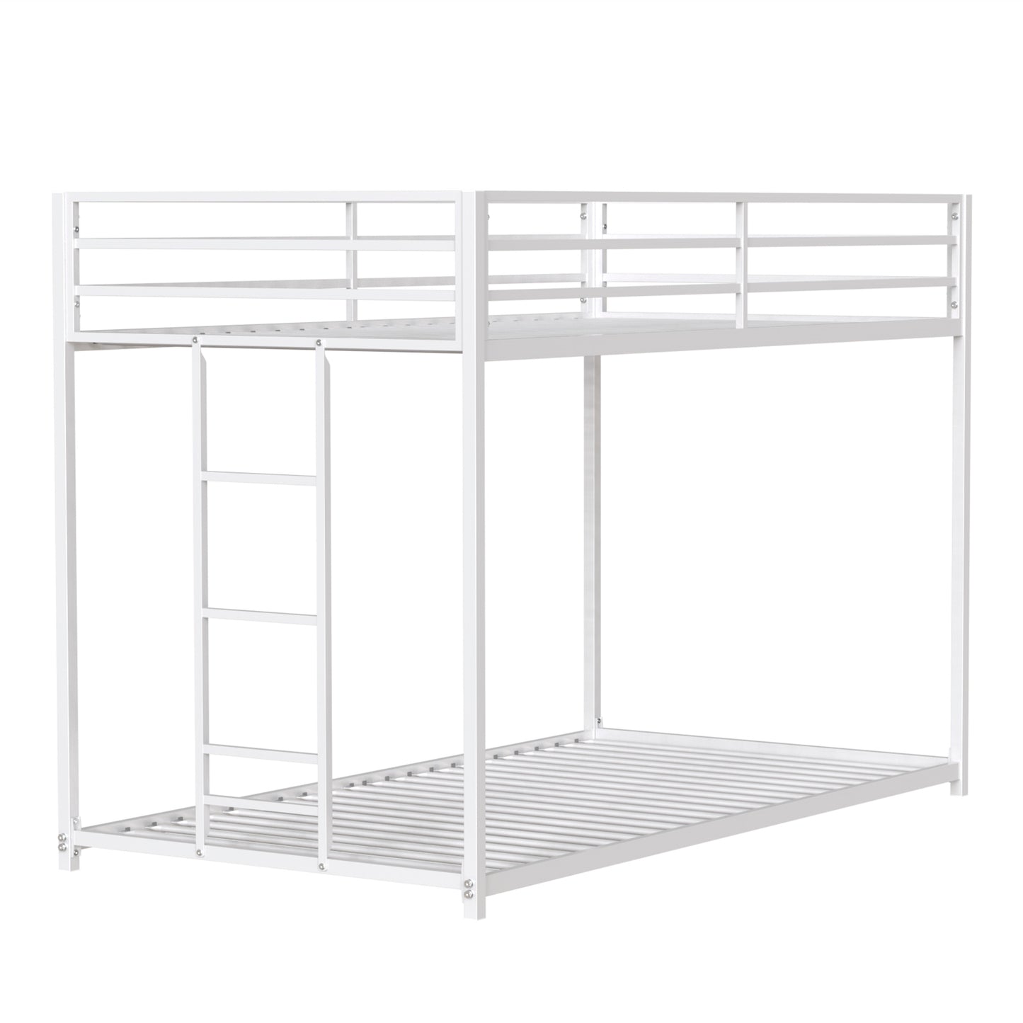 White metal twin over twin bunk bed with integrated ladder