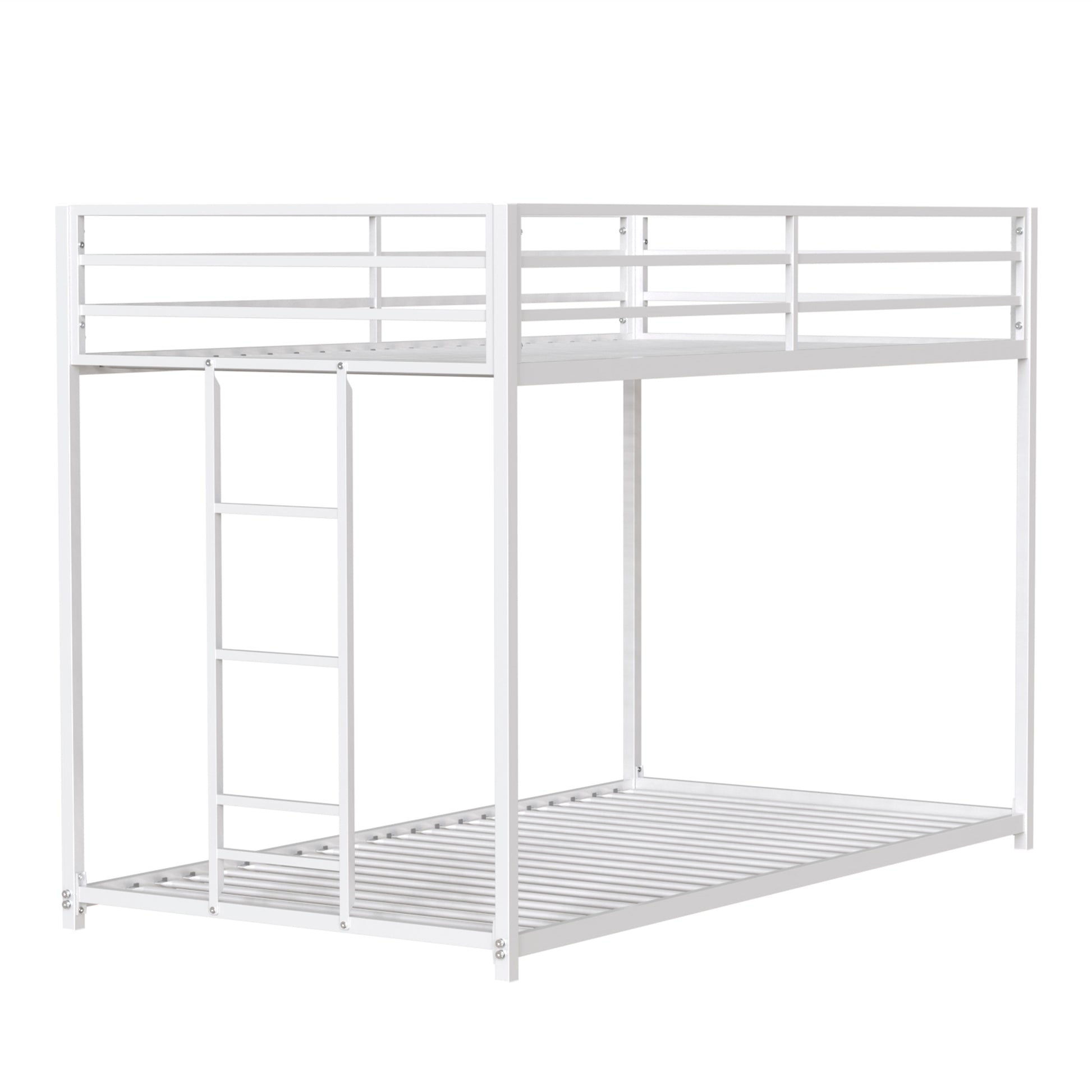 White metal twin over twin bunk bed with integrated ladder
