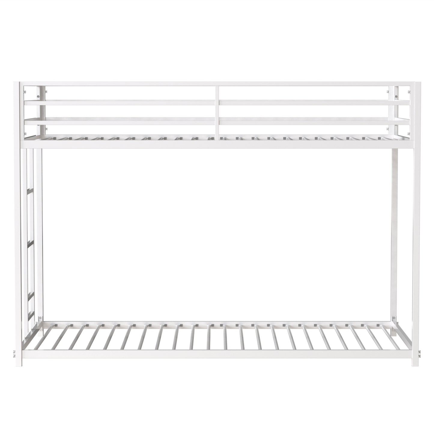 White metal twin over twin bunk bed frame with integrated ladder