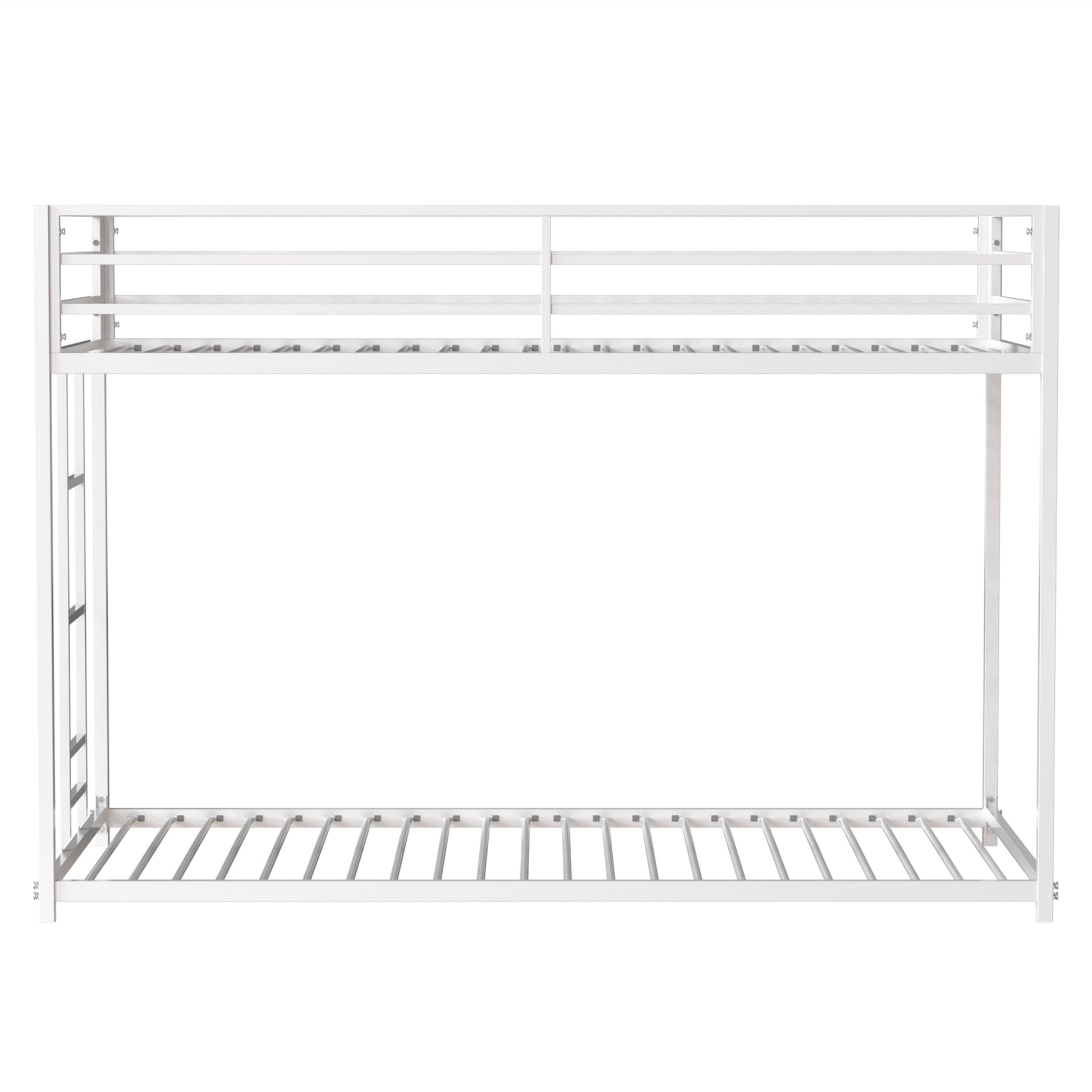 White metal twin over twin bunk bed frame with integrated ladder