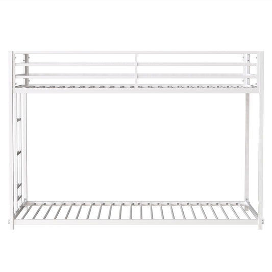 White metal twin over twin bunk bed frame with integrated ladder