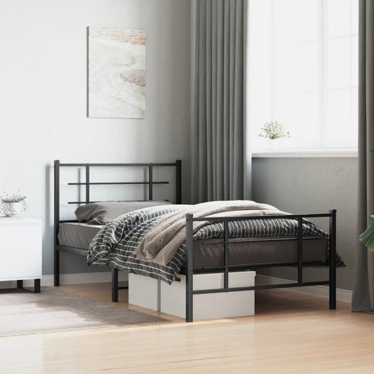 Black metal twin bed frame with minimalist headboard and footboard