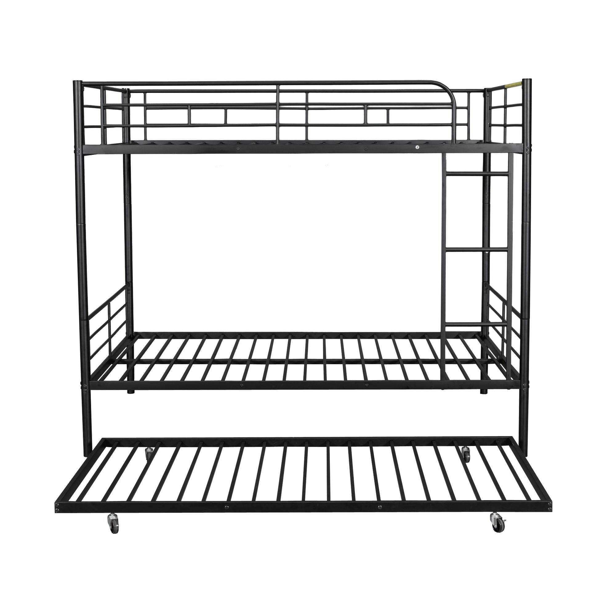 Black metal triple bunk bed with wheels