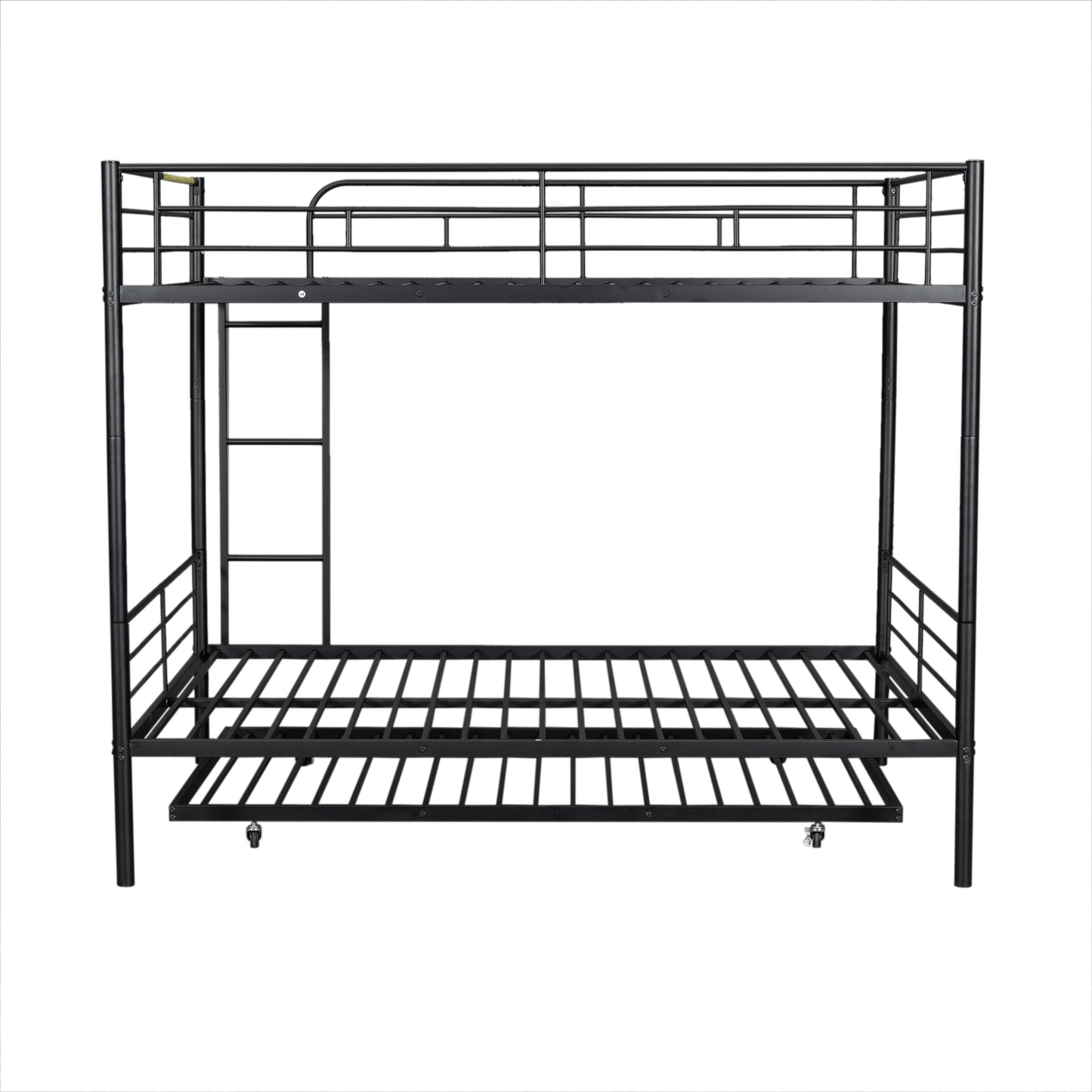 Black metal triple bunk bed with rolling trundle