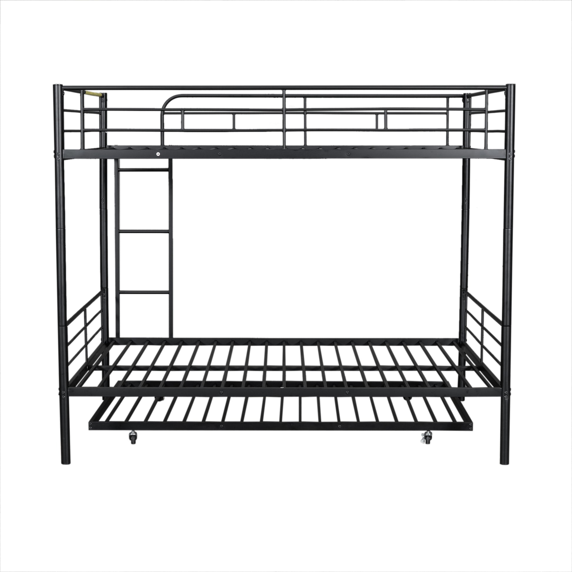 Black metal triple bunk bed with rolling trundle