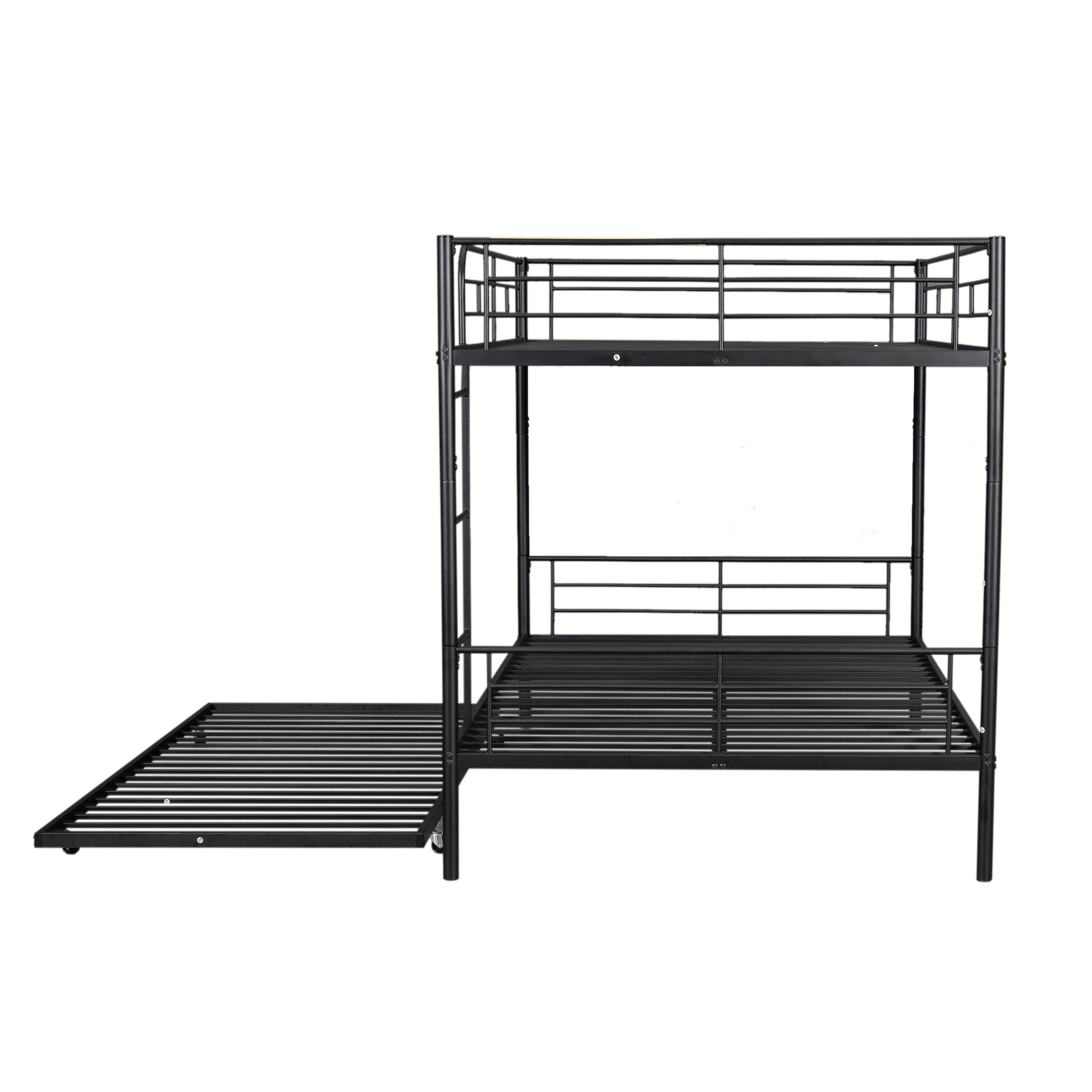 Black metal twin over twin bunk bed with trundle