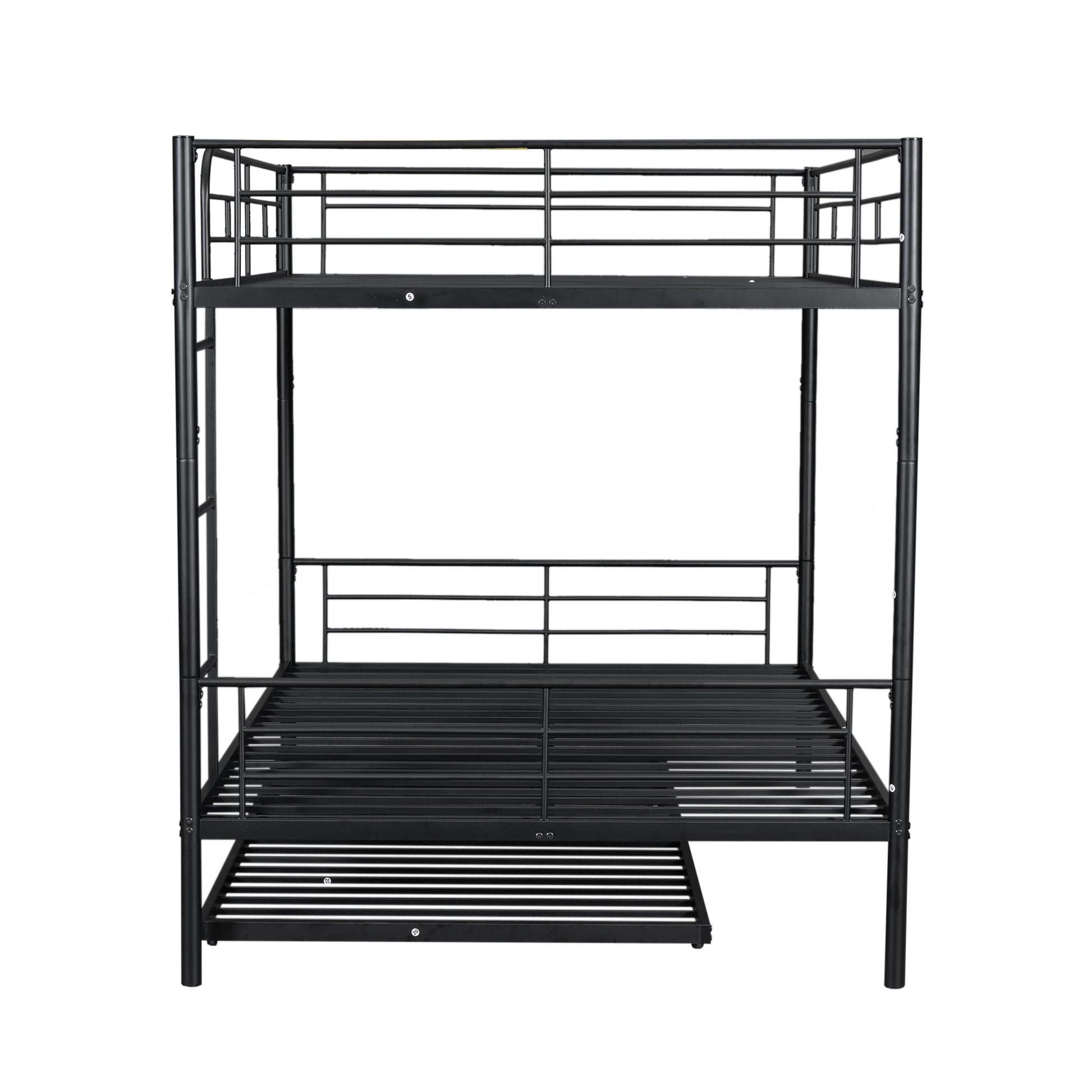 Black metal twin over twin bunk bed with pullout trundle
