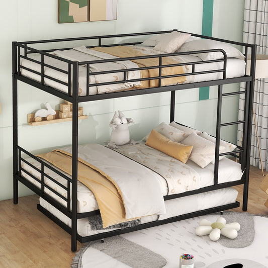 Black metal triple bunk bed with colorful bedding and rainbow accents