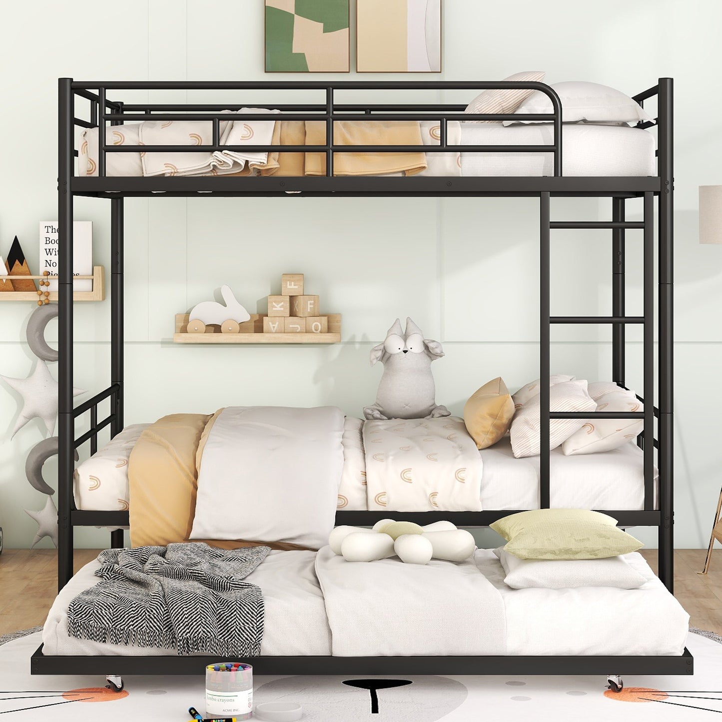 Black metal twin over twin bunk bed with trundle