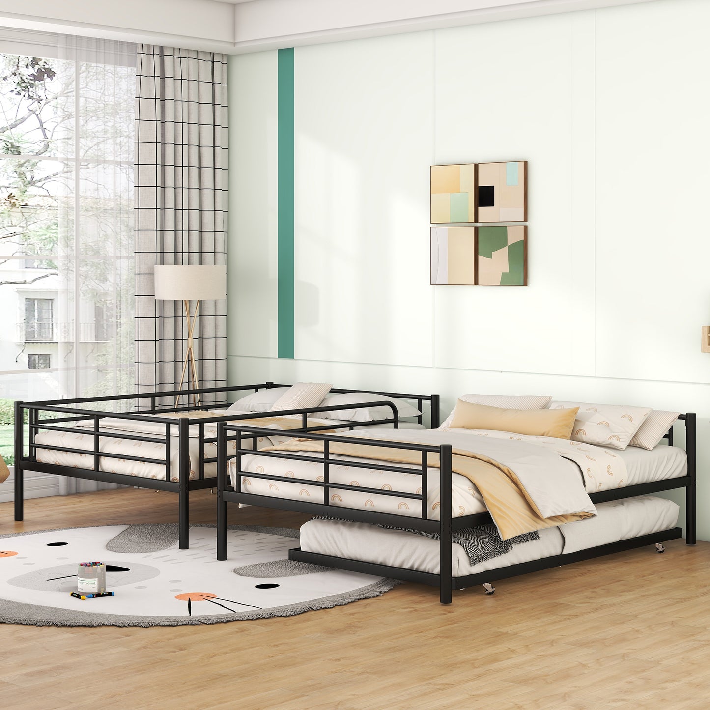 Black metal twin over twin bunk bed with trundle