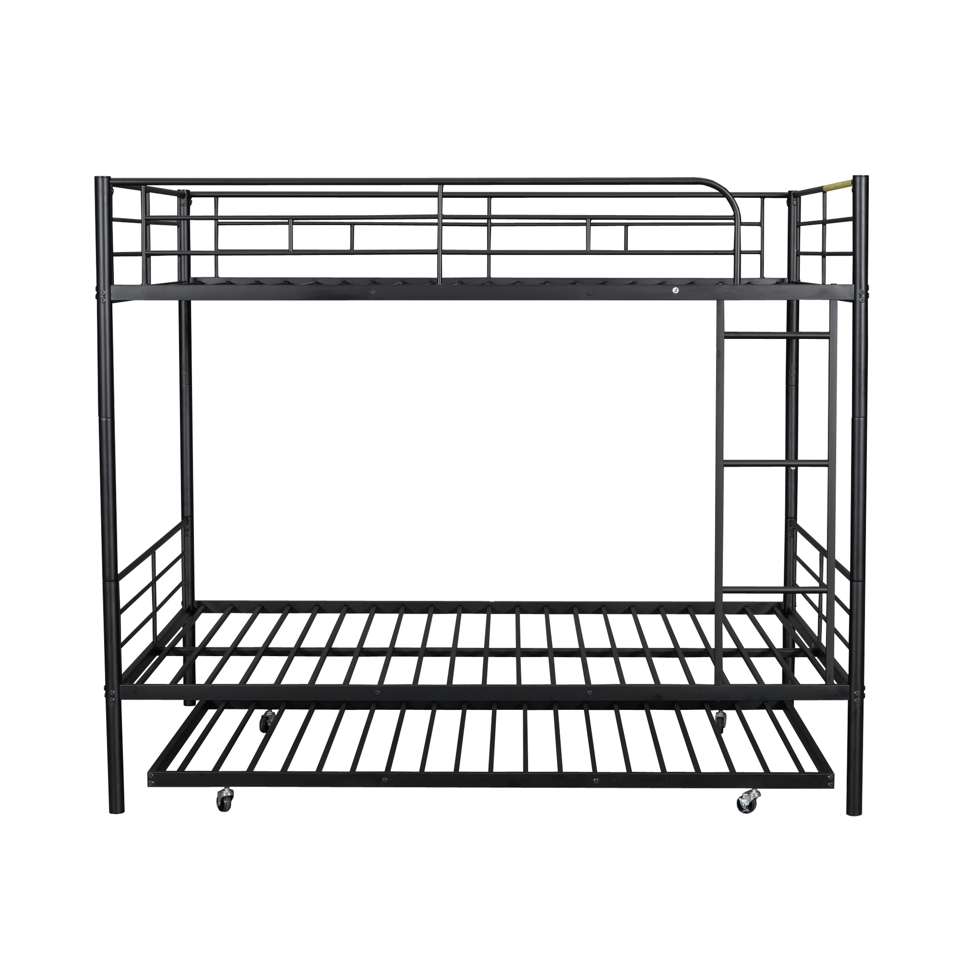 Black metal triple bunk bed with casters and ladder