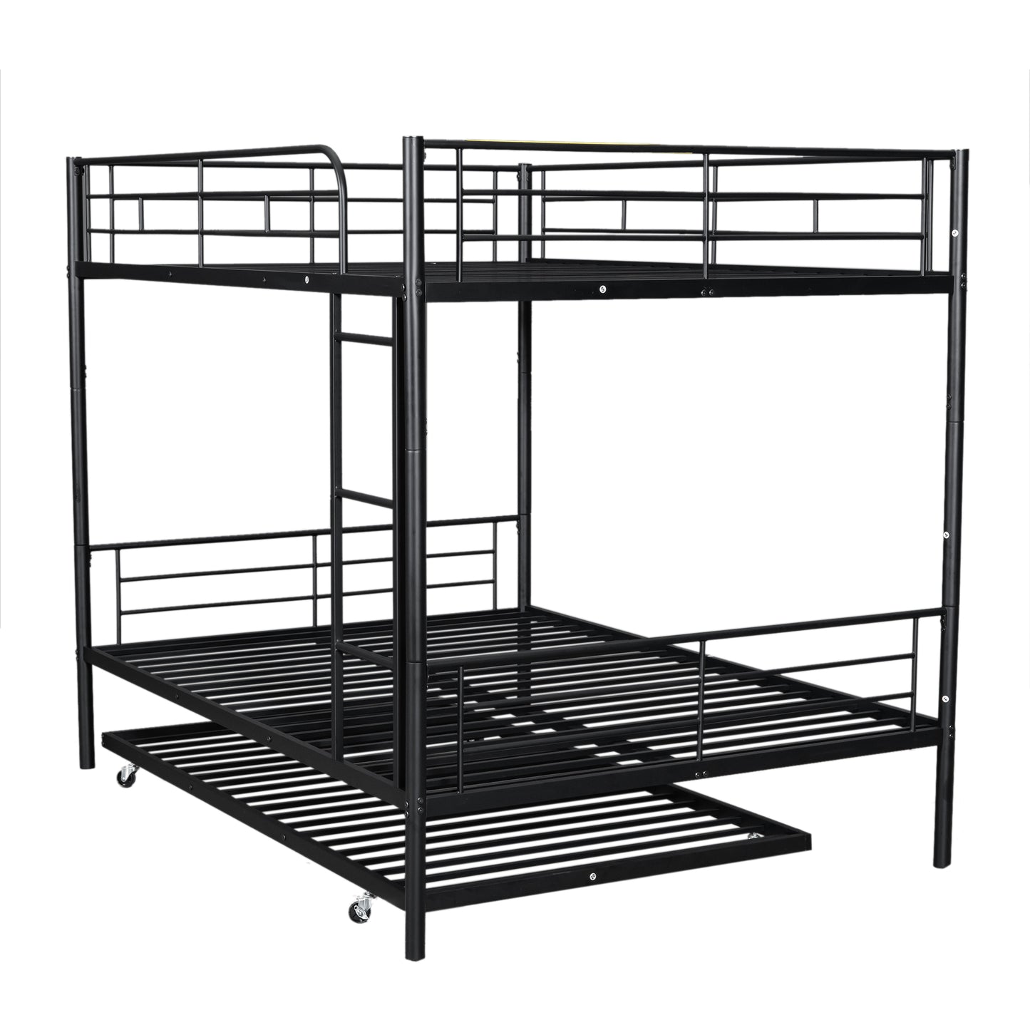 Black metal triple bunk bed with rolling trundle