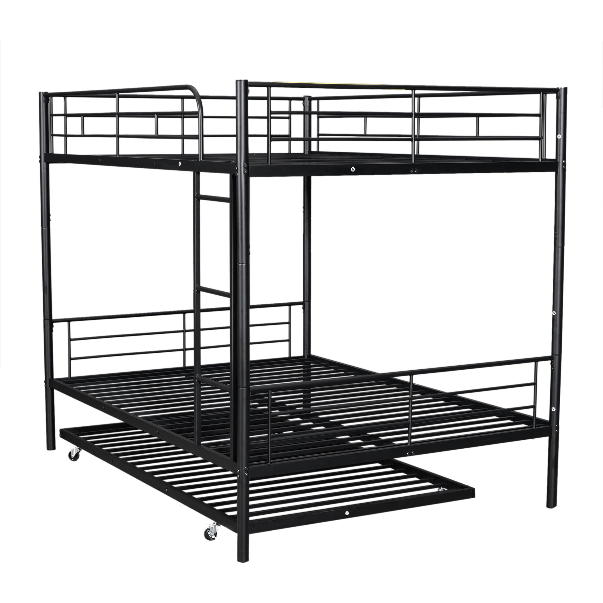 Black metal triple bunk bed with rolling trundle