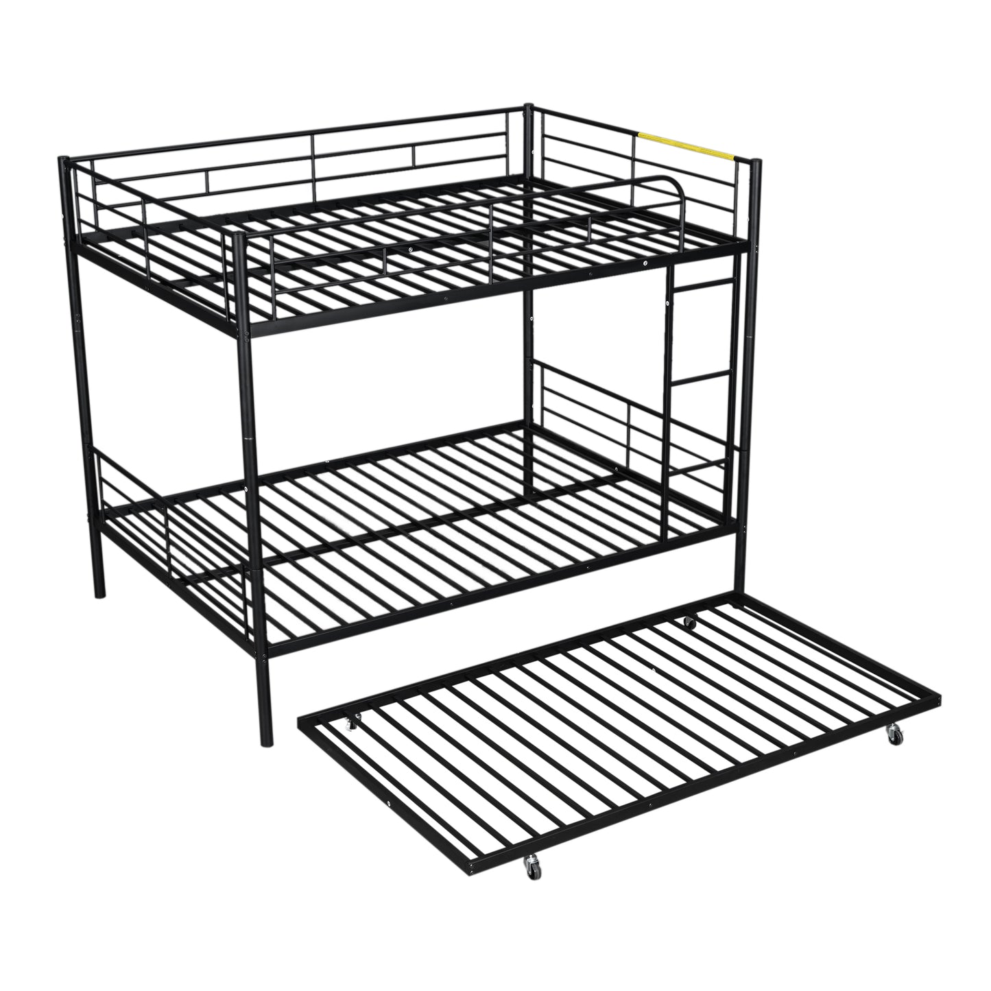 Black metal triple bunk bed with pullout trundle