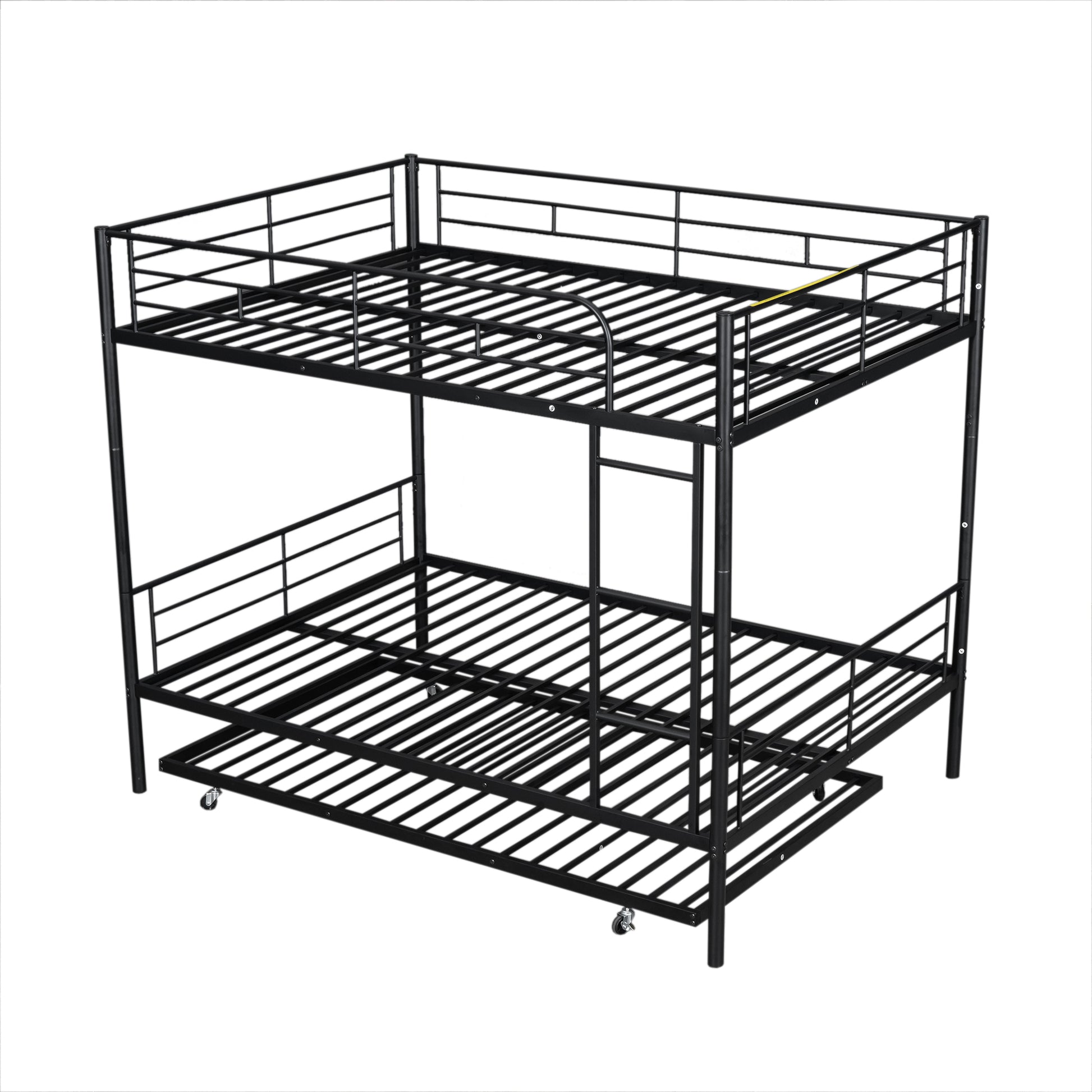 Black metal triple bunk bed with pullout trundle
