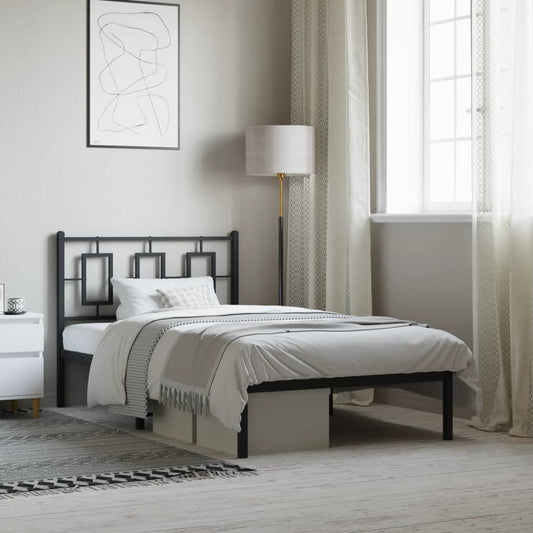 Black metal twin bed frame with geometric headboard