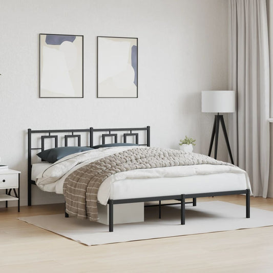 Modern black metal platform bed frame with geometric headboard