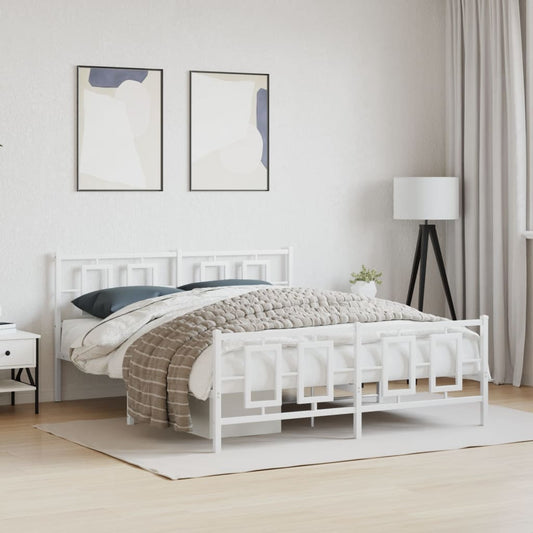 Modern white metal bed frame with geometric headboard and footboard