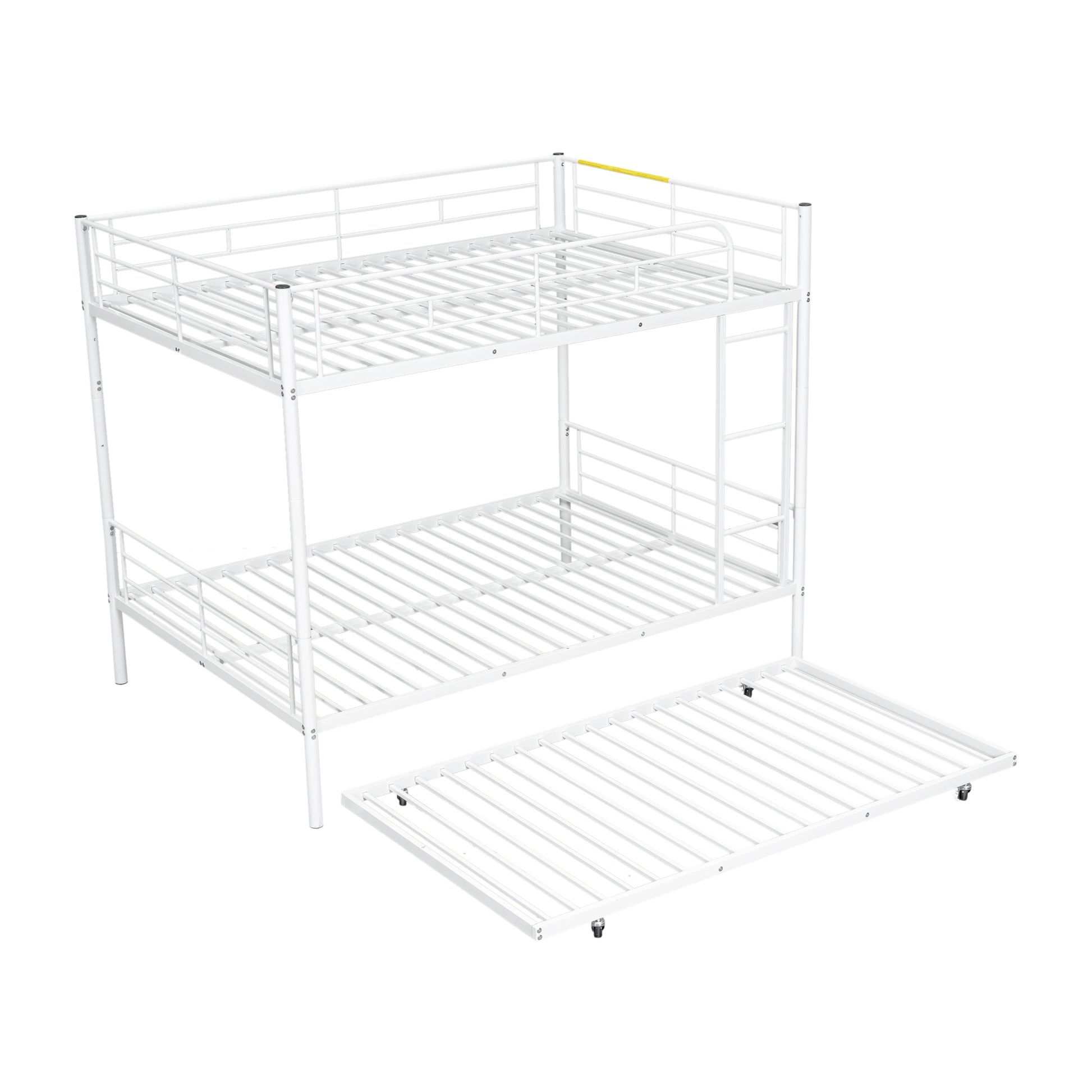 White metal twin over twin bunk bed with trundle
