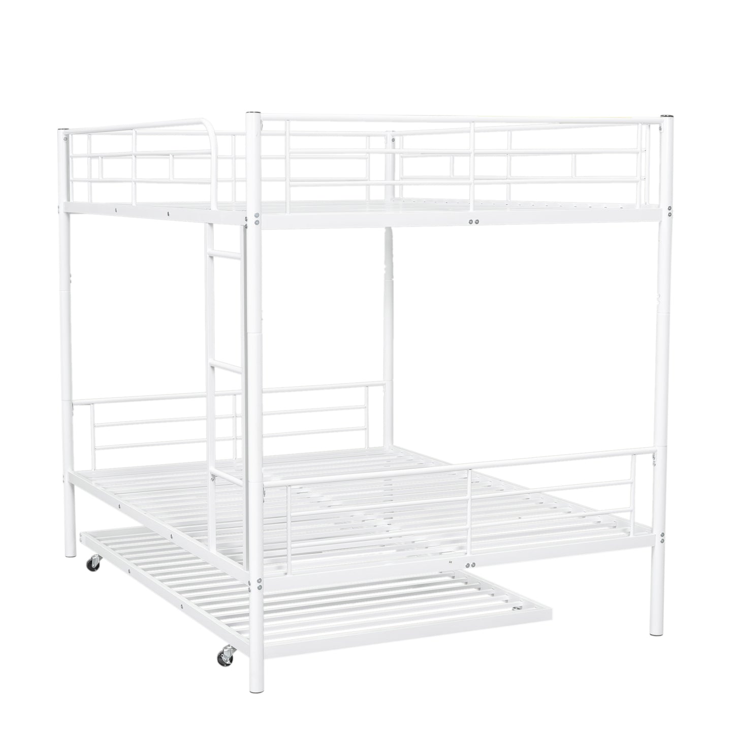 White metal twin over twin bunk bed with trundle