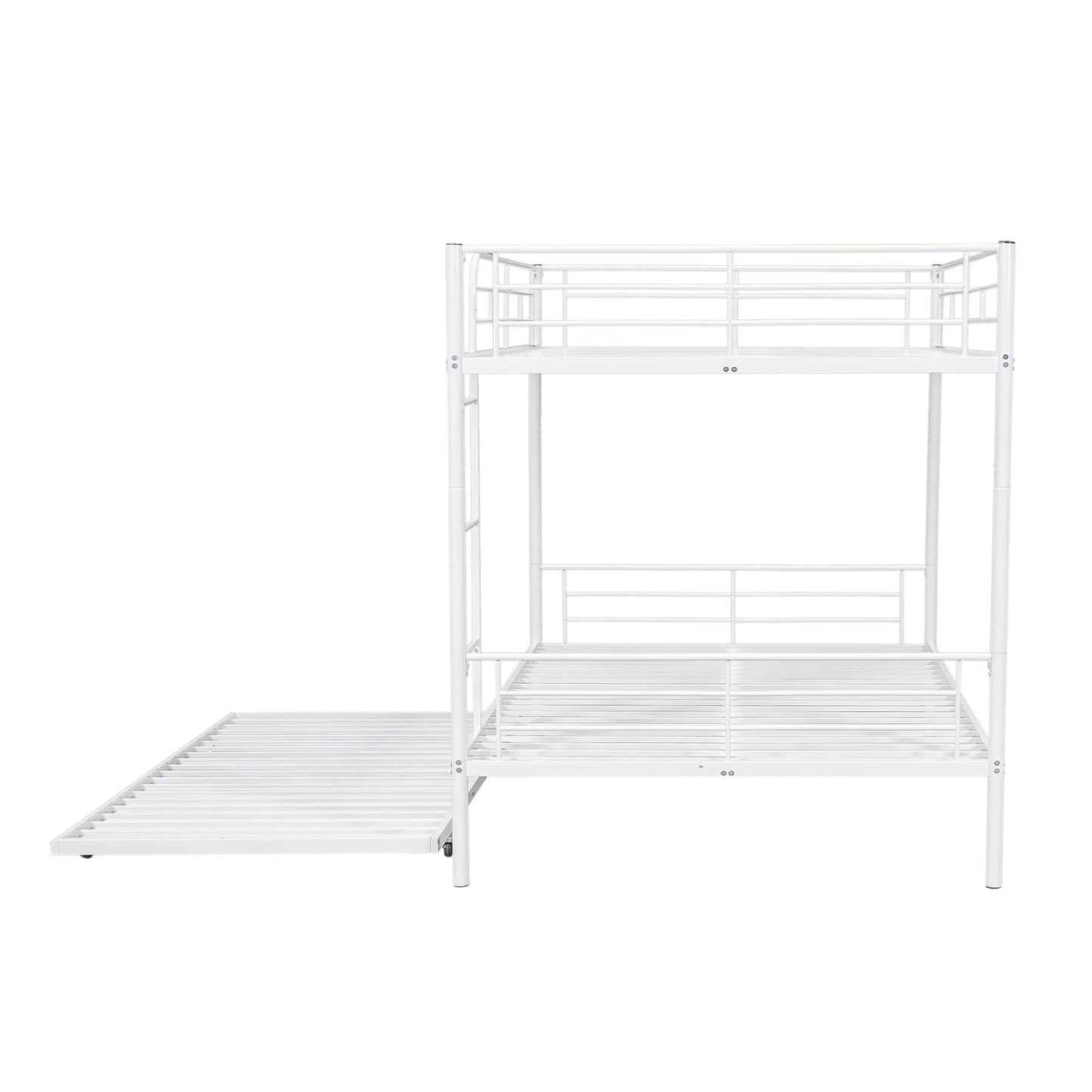 White metal bunk bed with pullout trundle