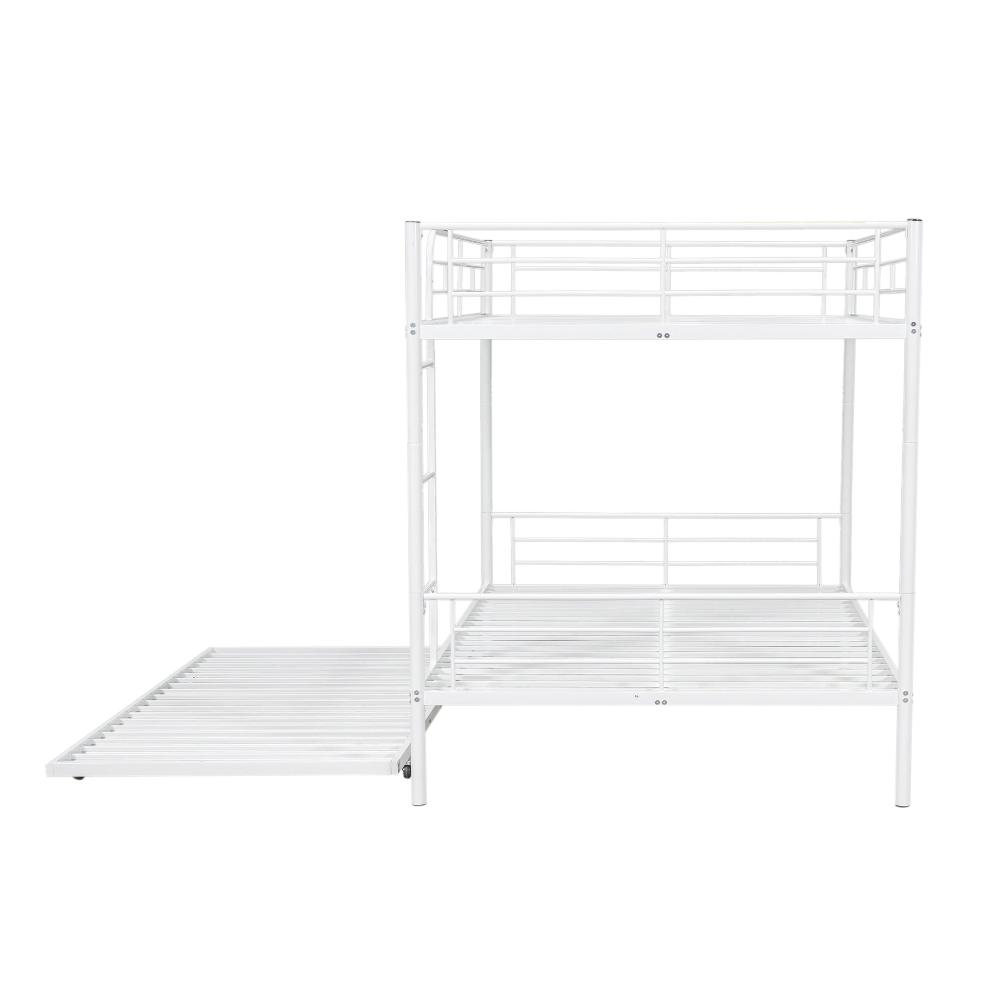 White metal bunk bed with pullout trundle