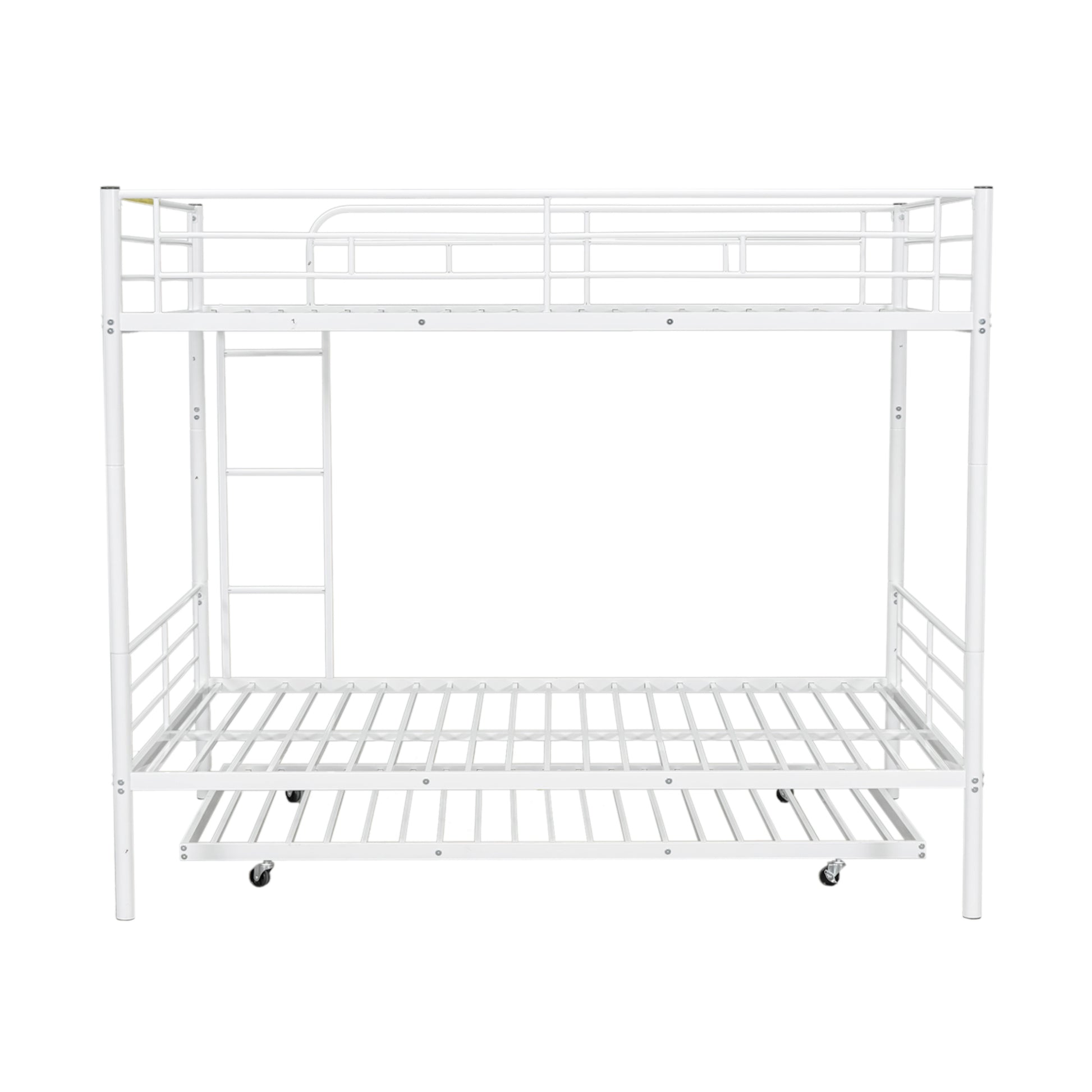 White metal twin over twin bunk bed with rolling trundle