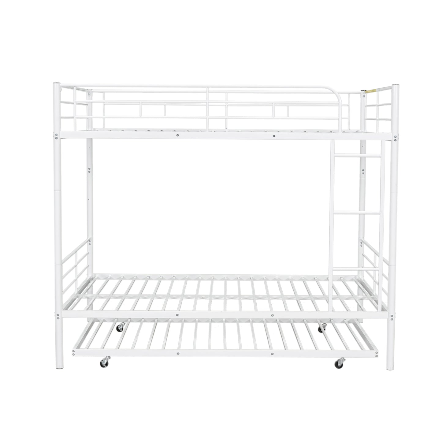 White metal bunk bed frame with pullout trundle