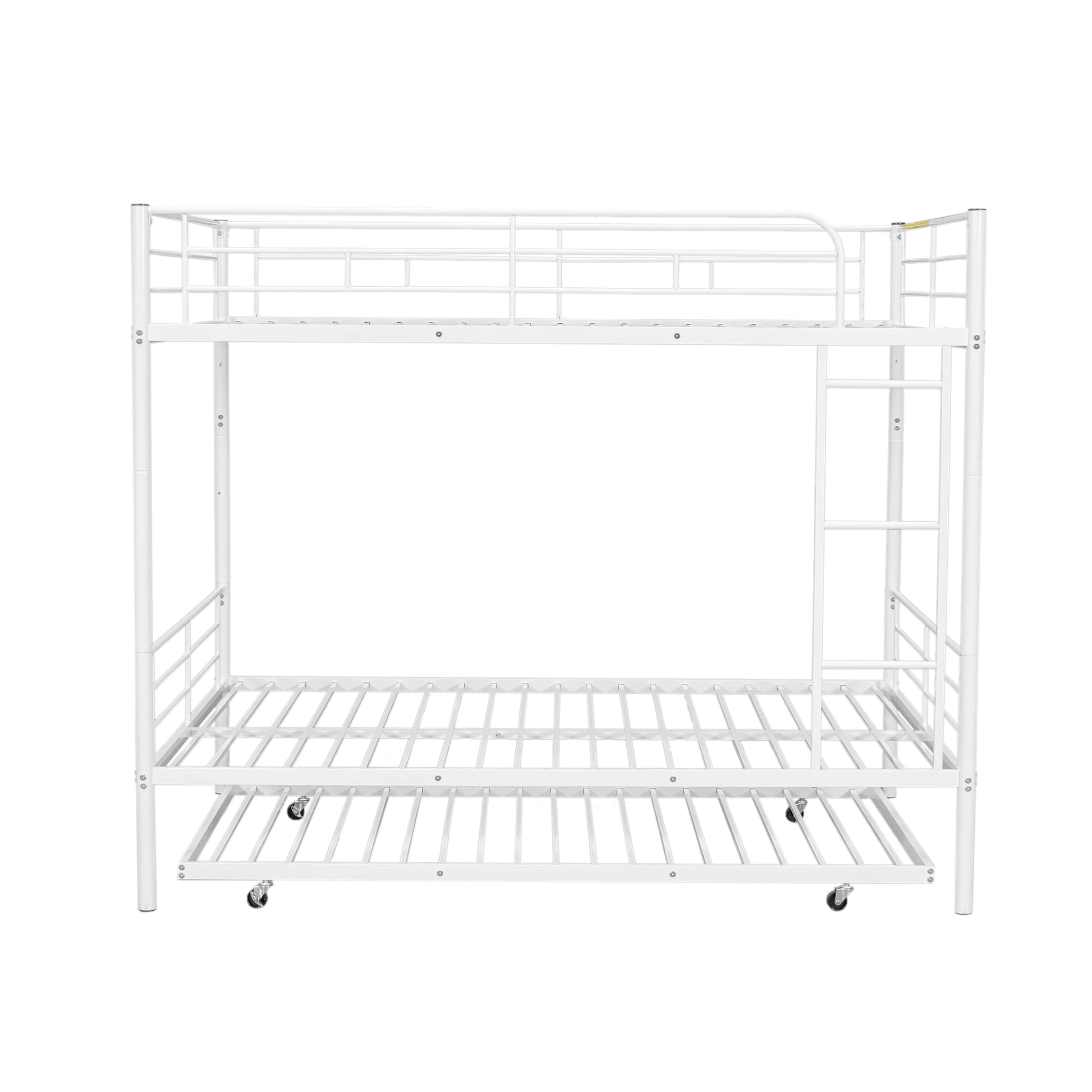White metal bunk bed frame with pullout trundle