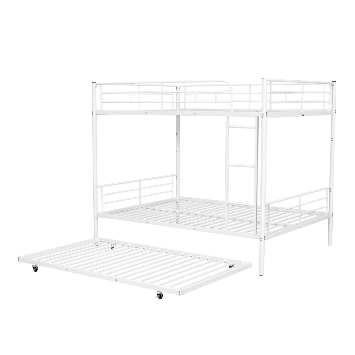 White metal triple bunk bed with pullout trundle