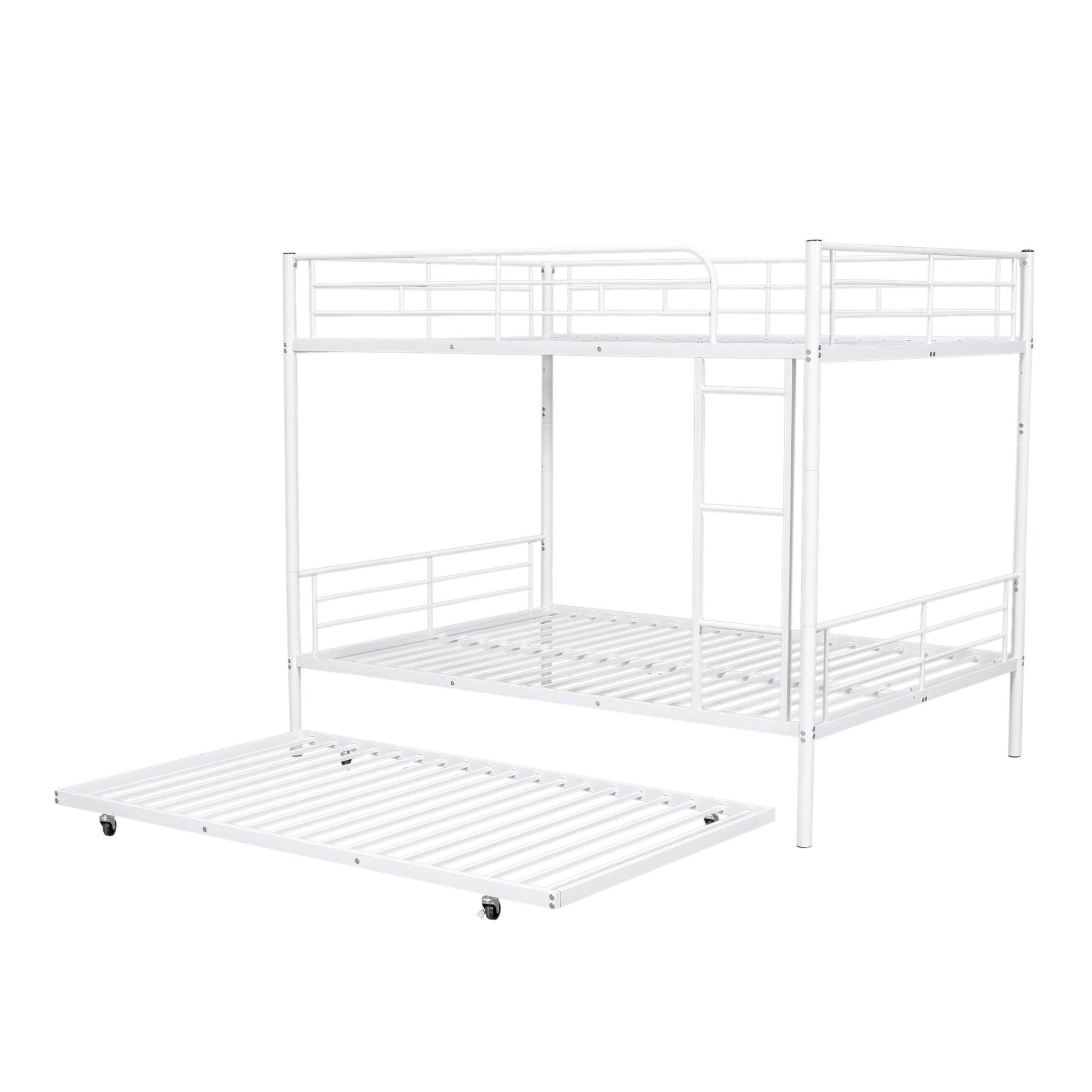 White metal triple bunk bed with pullout trundle