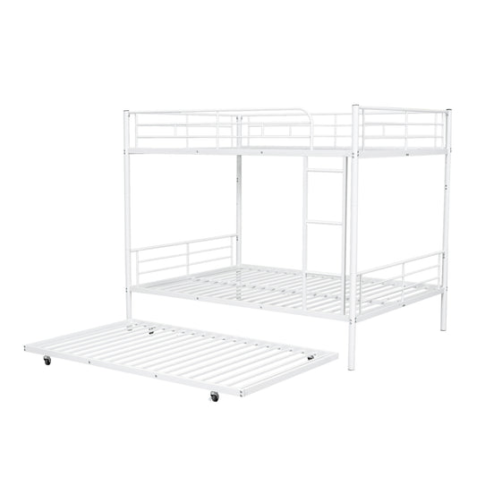White metal triple bunk bed with pullout trundle