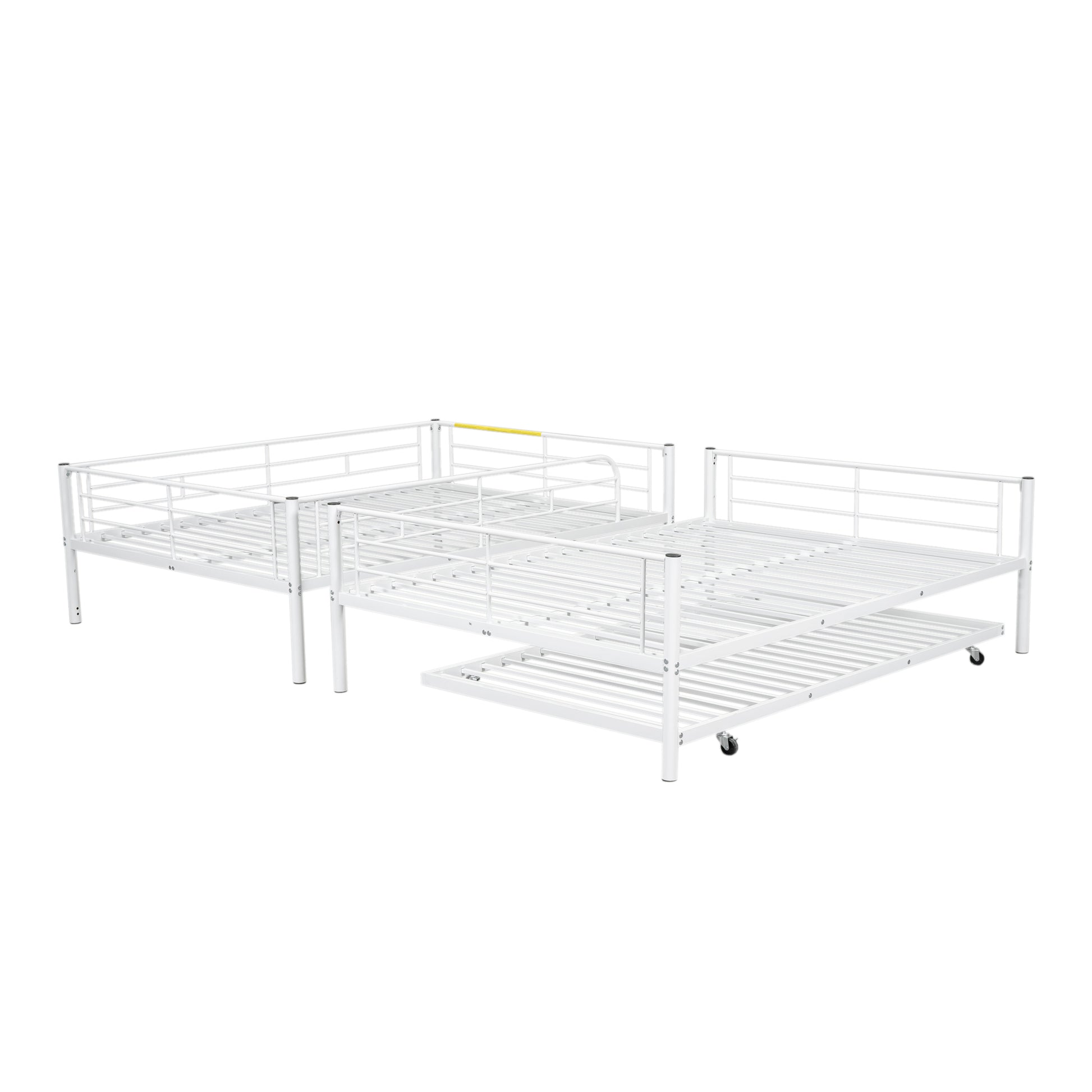 White metal twin trundle bed frame with guardrails