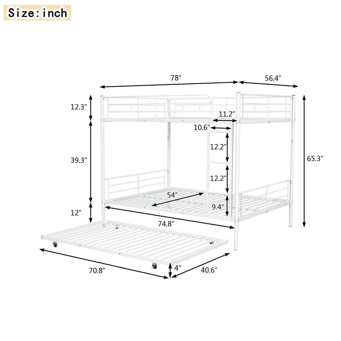 White metal triple bunk bed with dimensions