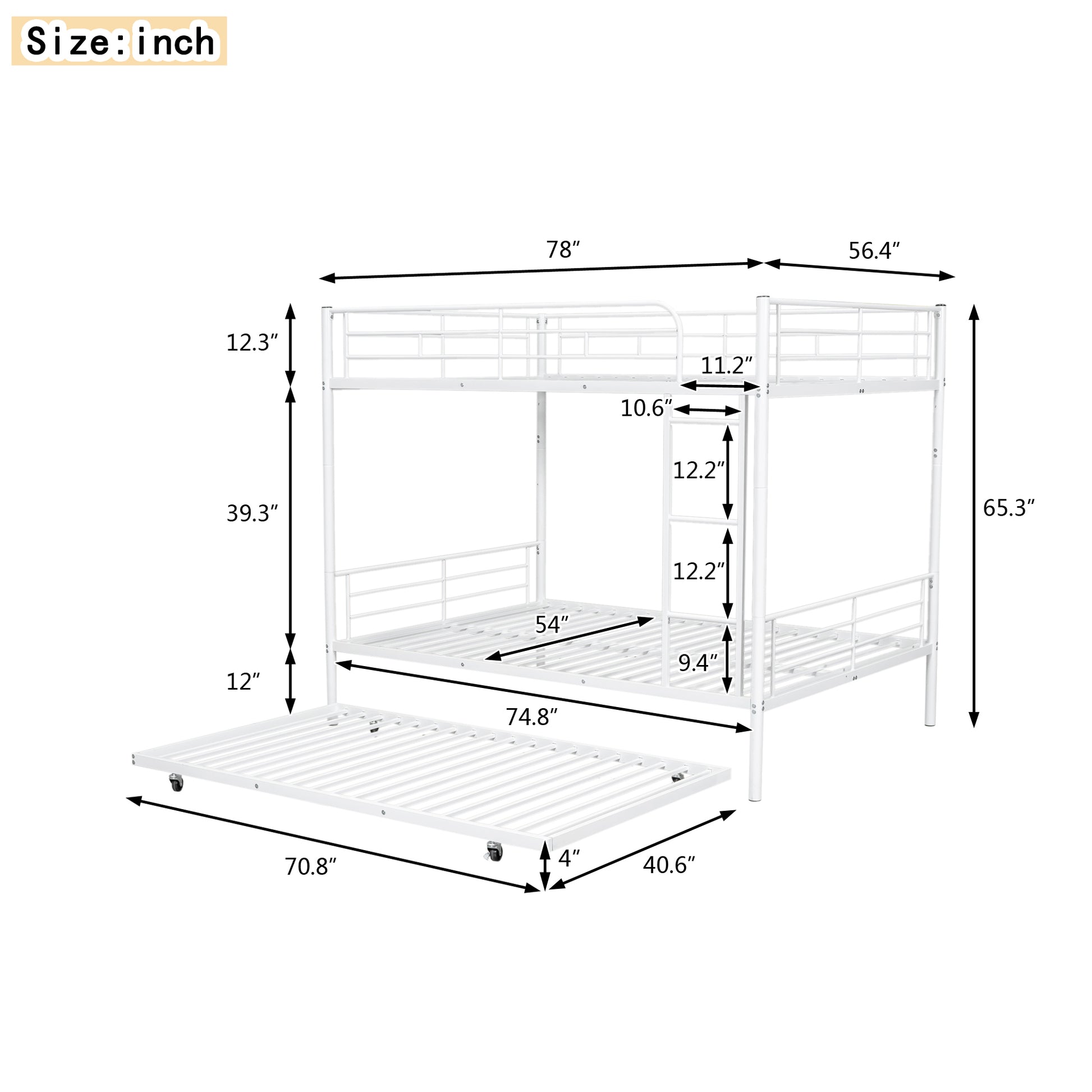 White metal triple bunk bed with dimensions