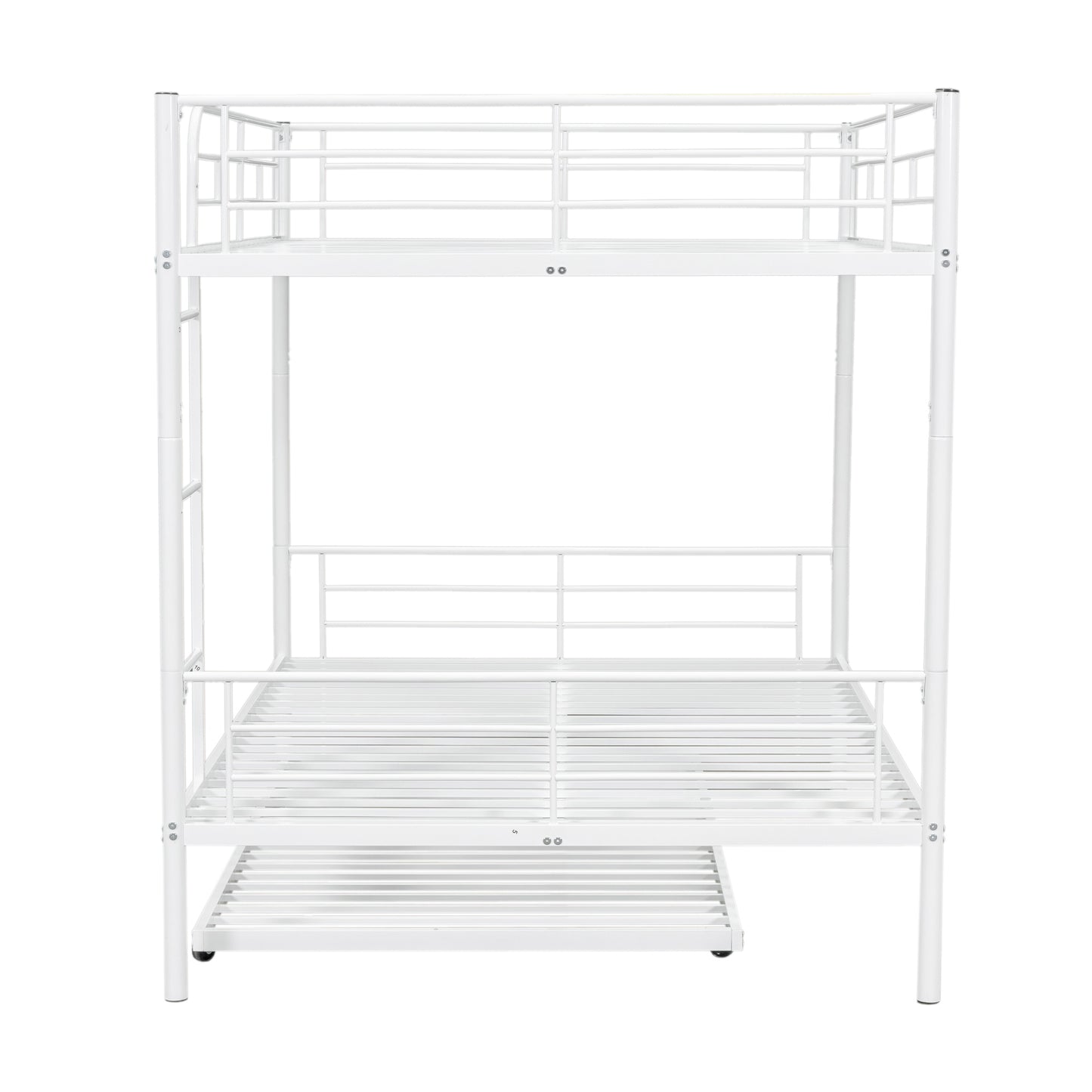 White metal twin over twin bunk bed with pullout trundle