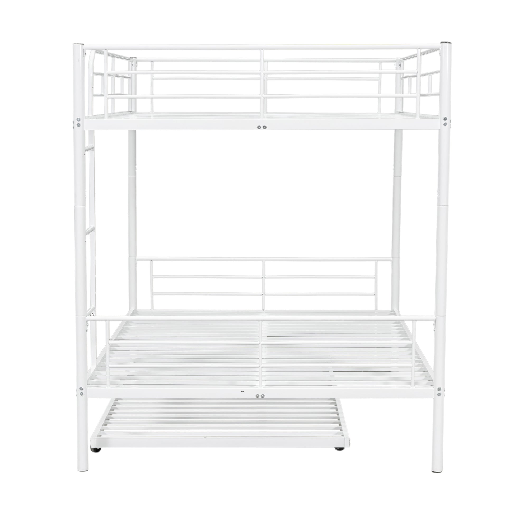 White metal twin over twin bunk bed with pullout trundle
