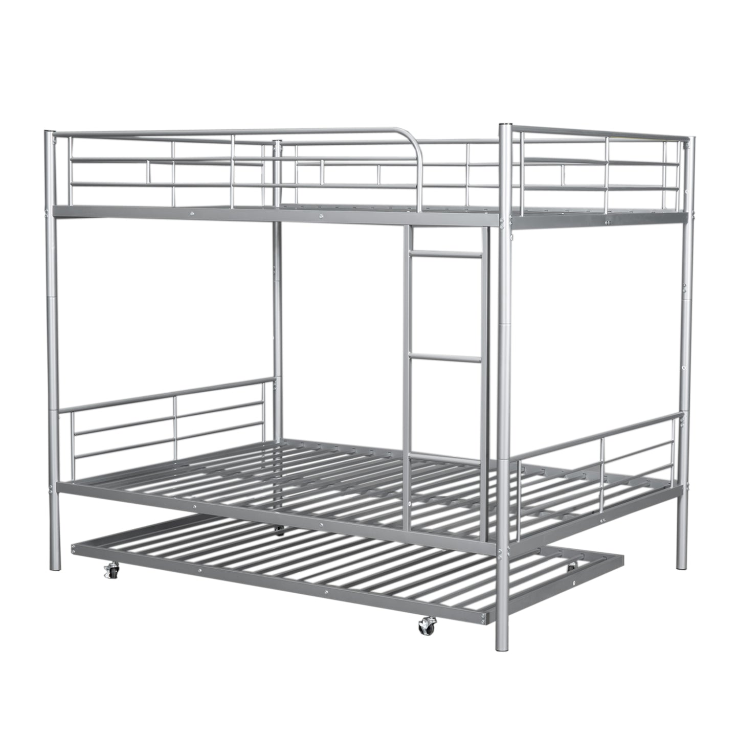 Silver metal triple bunk bed with pullout trundle